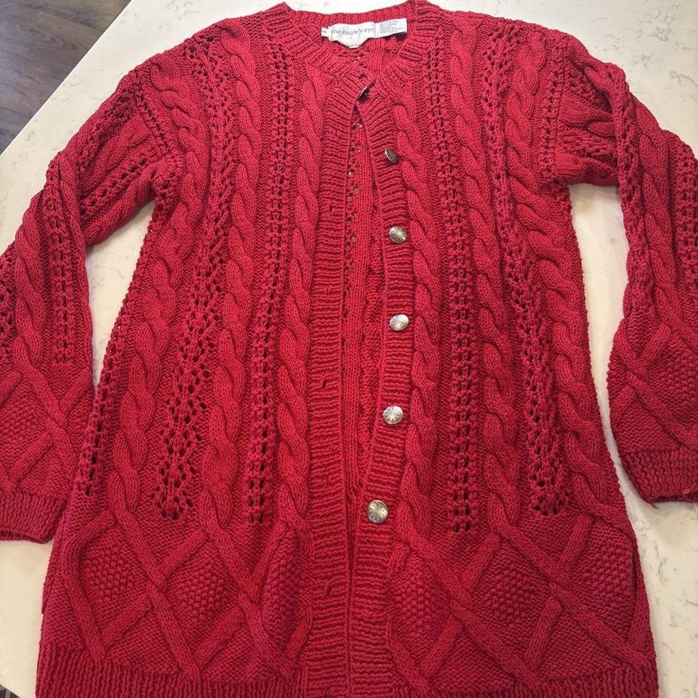 VTG Eagle's Eye Cableknit Long Cardigan Sweater Silver Buttons Grannycore MED